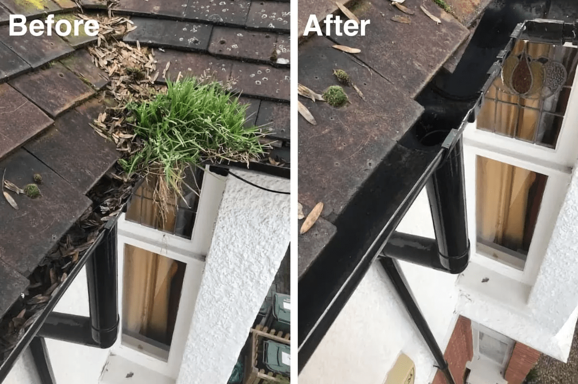 Before and after photo of gutter clean