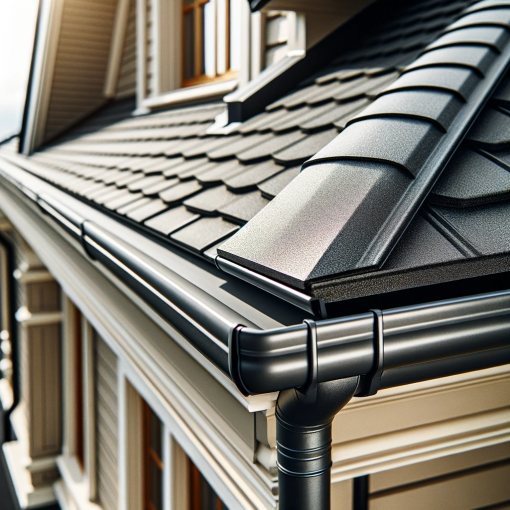 Close-up view of rain gutters installed along the roofline of a house.